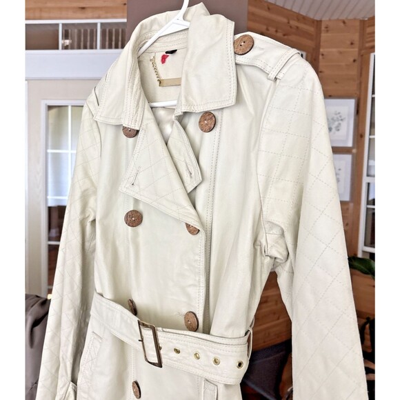 IMAN Leather Trench Coat Jacket Women M Cream Chic Retro Elegant Old World Fall - Picture 7 of 16
